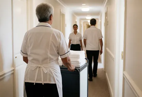 Une serveuse pousse un chariot chargé de serviettes dans un couloir d'hôtel aux murs blancs et aux lumières encastrées.