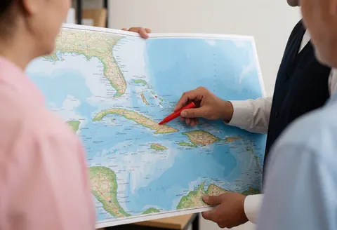 Un agent de voyage pointe un lieu sur une carte avec un marqueur pendant que des clients regardent dans un bureau.