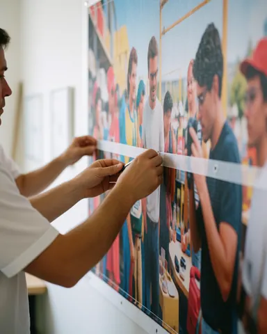 Une cliente ajuste la tension d'une bâche installée sur un mur blanc, scène commerciale réaliste et professionnelle