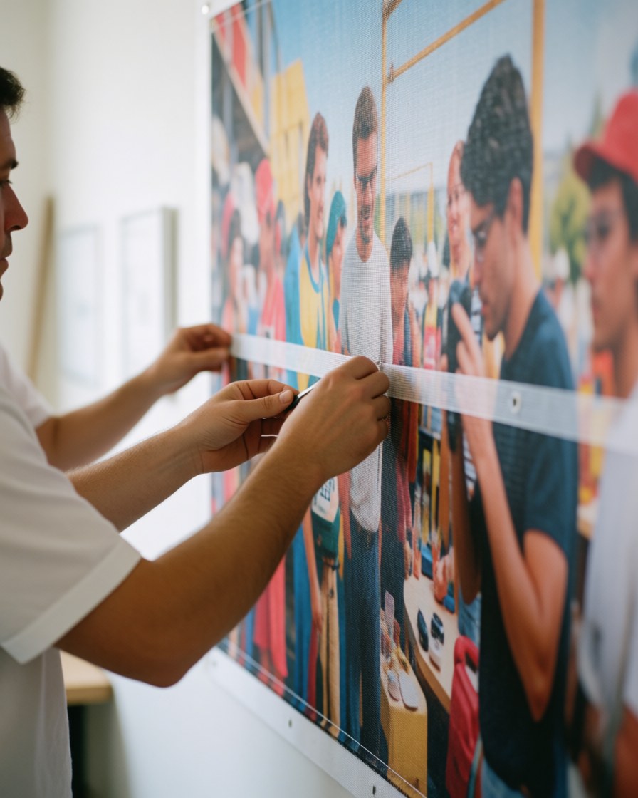 Une cliente ajuste la tension d'une bâche installée sur un mur blanc, scène commerciale réaliste et professionnelle
