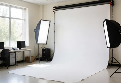 Studio photographique vide équipé de softboxes et bénéficiant de lumière naturelle par une fenêtre, idéal pour des séances de portraits professionnels.