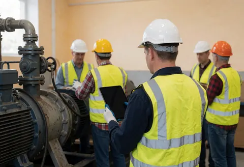 Un technicien en gilet jaune vérifie une pompe hydraulique à l'aide d'une tablette dans un atelier industriel dédié à la réparation d'ascenseurs.