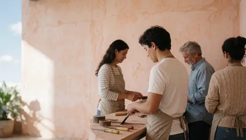 Quatre personnes travaillent dans un atelier de sculpture artisanale avec des murs en plâtre ocre et une lumière naturelle, utilisant des outils en bois et en métal.