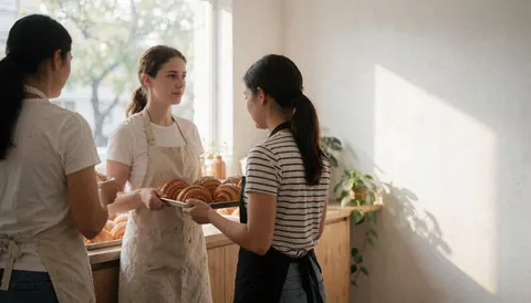 Trois femmes servant des gâteaux avec un plateau dans une boulangerie moderne, éclairage naturel et murs blancs.