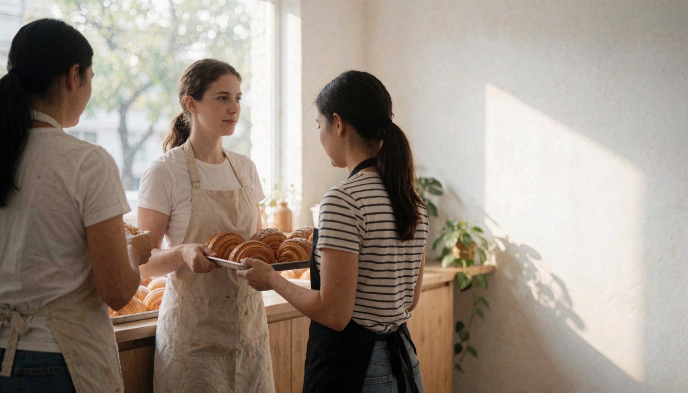 Trois femmes servant des gâteaux avec un plateau dans une boulangerie moderne, éclairage naturel et murs blancs.