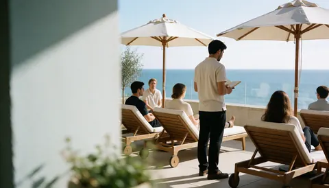 Terrasse d'hôtel équipée de chaises longues et de parasols offrant une vue imprenable sur l'océan, où des clients se détendent tandis que le personnel assure le service.