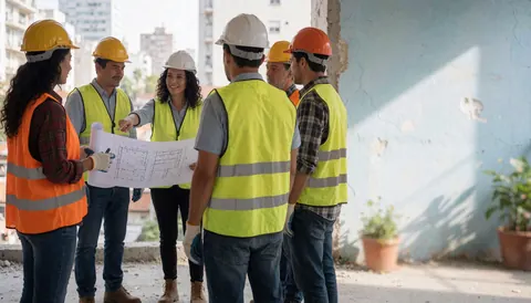 Équipe d'architectes et de constructeurs examinant des plans sur un chantier avec casques et gilets de sécurité sous lumière naturelle.