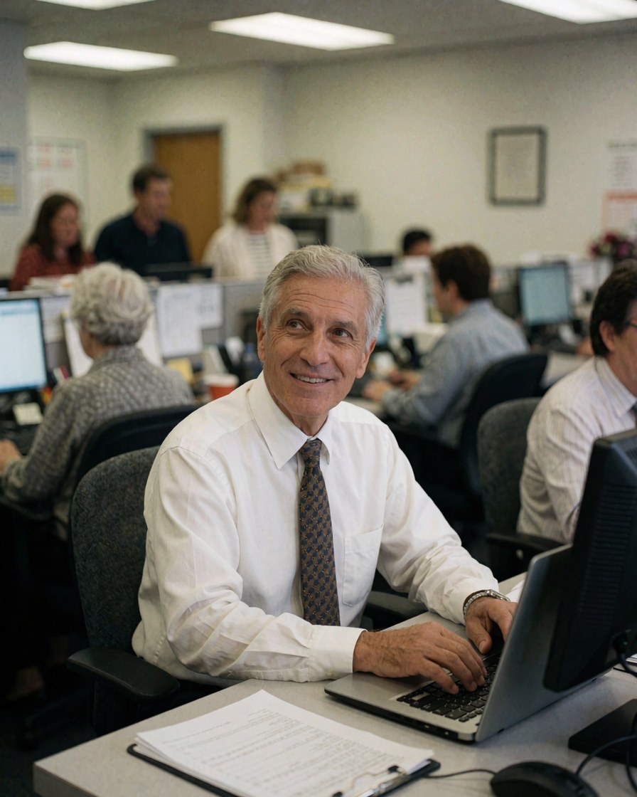 Homme d'affaires souriant travaillant sur un ordinateur portable dans un bureau avec d'autres employés en arrière-plan.