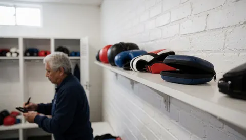 Gants de boxe et boîte de protège-dents posés sur une étagère en bois devant un mur de briques blanches dans un gymnase.