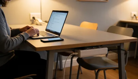 Une personne utilise un ordinateur portable sur une table en bois dans un hostel éclairé par une lumière chaude, avec un mur gris clair en arrière-plan.