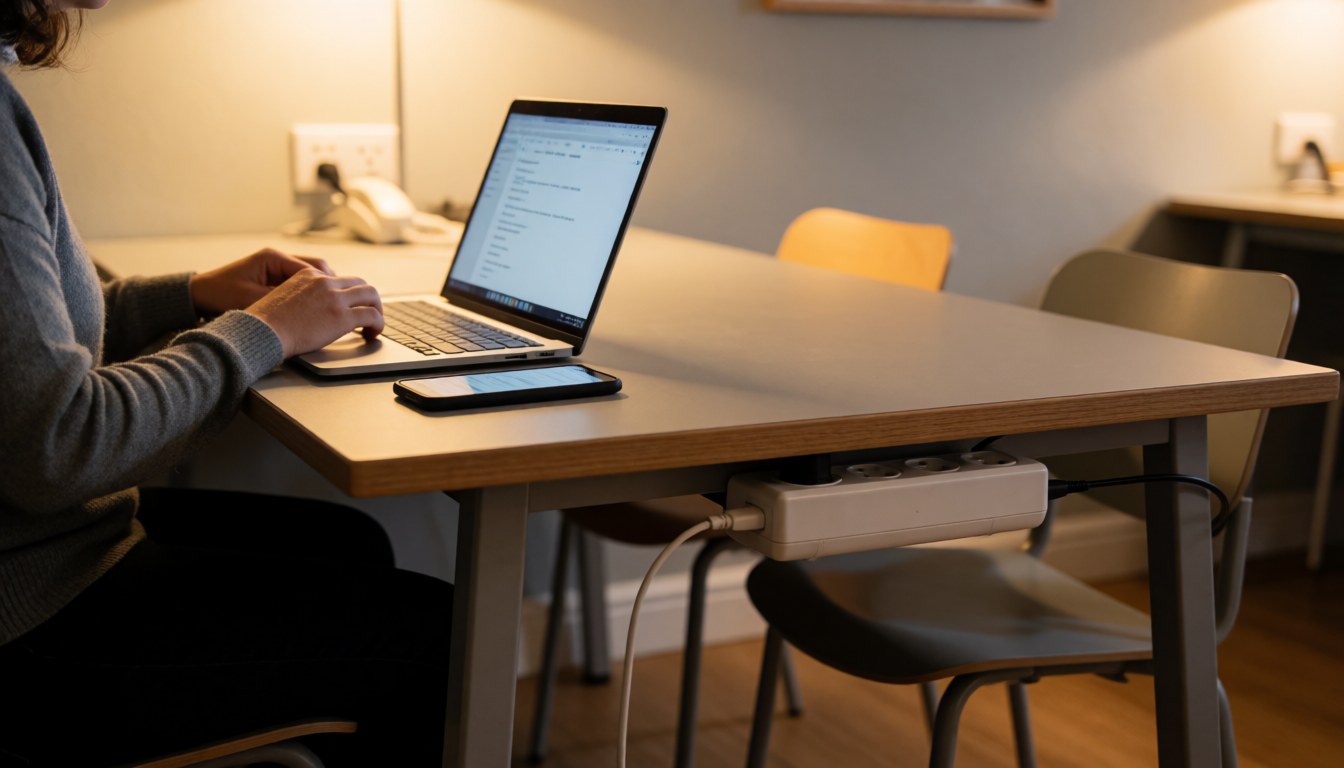 Une personne utilise un ordinateur portable sur une table en bois dans un hostel éclairé par une lumière chaude, avec un mur gris clair en arrière-plan.