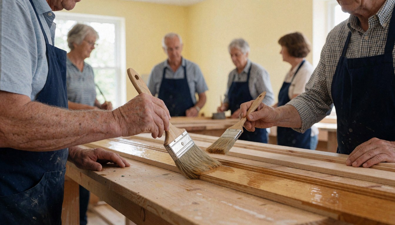 Des travailleurs dans un atelier de menuiserie utilisent des pinceaux pour appliquer du vernis sur des pièces de bois clair, devant des murs jaunes clairs.
