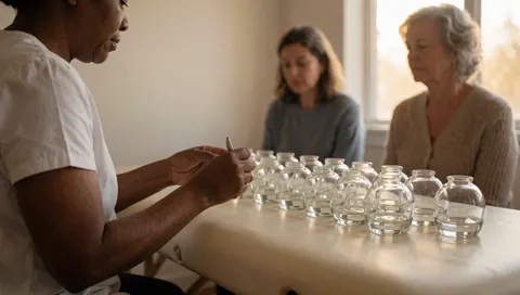 Un thérapeute prépare des ventouses sur une table de traitement tandis que deux patients observent dans un cadre clinique chaleureux.