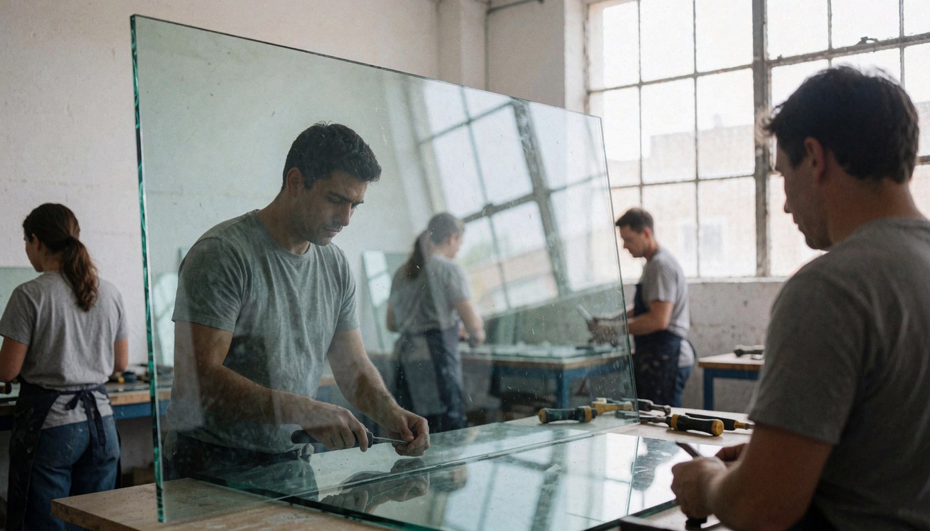 Des ouvriers manipulent un grand panneau de verre trempé avec des outils dans un atelier industriel aux murs blancs et à la lumière naturelle.