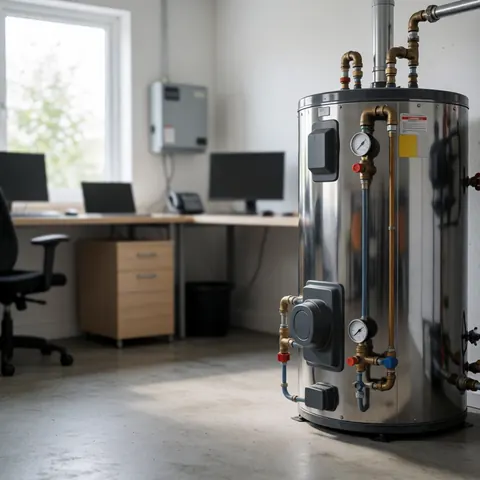 Vue d'une chaudière métallique équipée de manomètres et de conduits, dans un environnement propre et professionnel adapté aux services techniques.