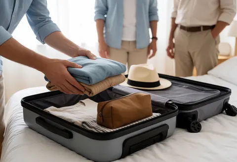 Des mains plient des vêtements sur un lit pour les ranger dans une valise, à côté d'un chapeau et d'une trousse de toilette, évoquant la préparation d'un voyage.