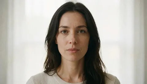 Portrait d'une femme aux cheveux foncés regardant l'objectif avec sérieux dans une pièce baignée de lumière naturelle douce, idéale pour un contexte professionnel.