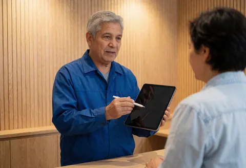 Un technicien en uniforme bleu explique à un client la réparation d'un téléphone portable à l'aide d'une tablette dans un magasin.