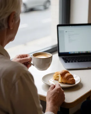 Une cliente âgée profite d'un café et d'un croissant dans un café avec un ordinateur portable, vue sur la rue par la fenêtre.