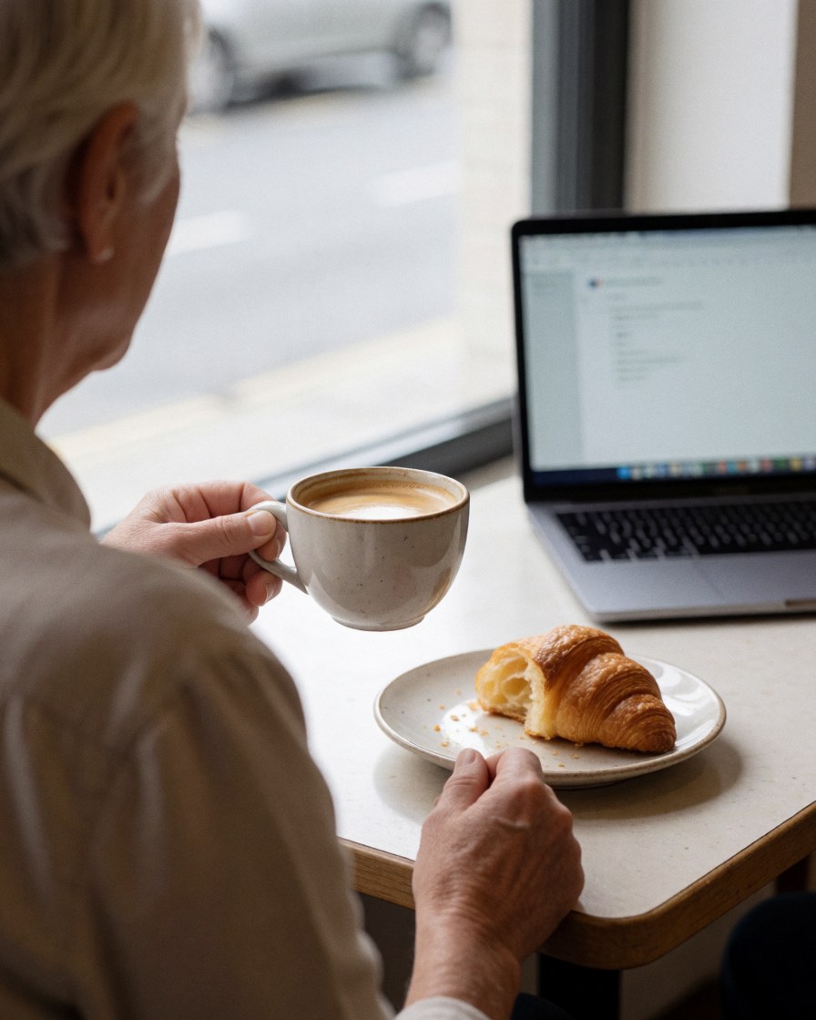 Une cliente âgée profite d'un café et d'un croissant dans un café avec un ordinateur portable, vue sur la rue par la fenêtre.