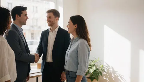 Deux hommes se serrent la main dans un bureau lumineux avec des murs blancs, tandis qu'une femme sourit à proximité près d'une plante verte.