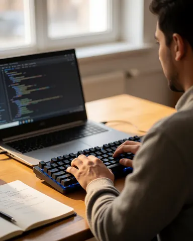 Un étudiant programme sur un ordinateur portable avec un clavier mécanique bleu, un cahet et une table en bois dans un bureau lumineux.