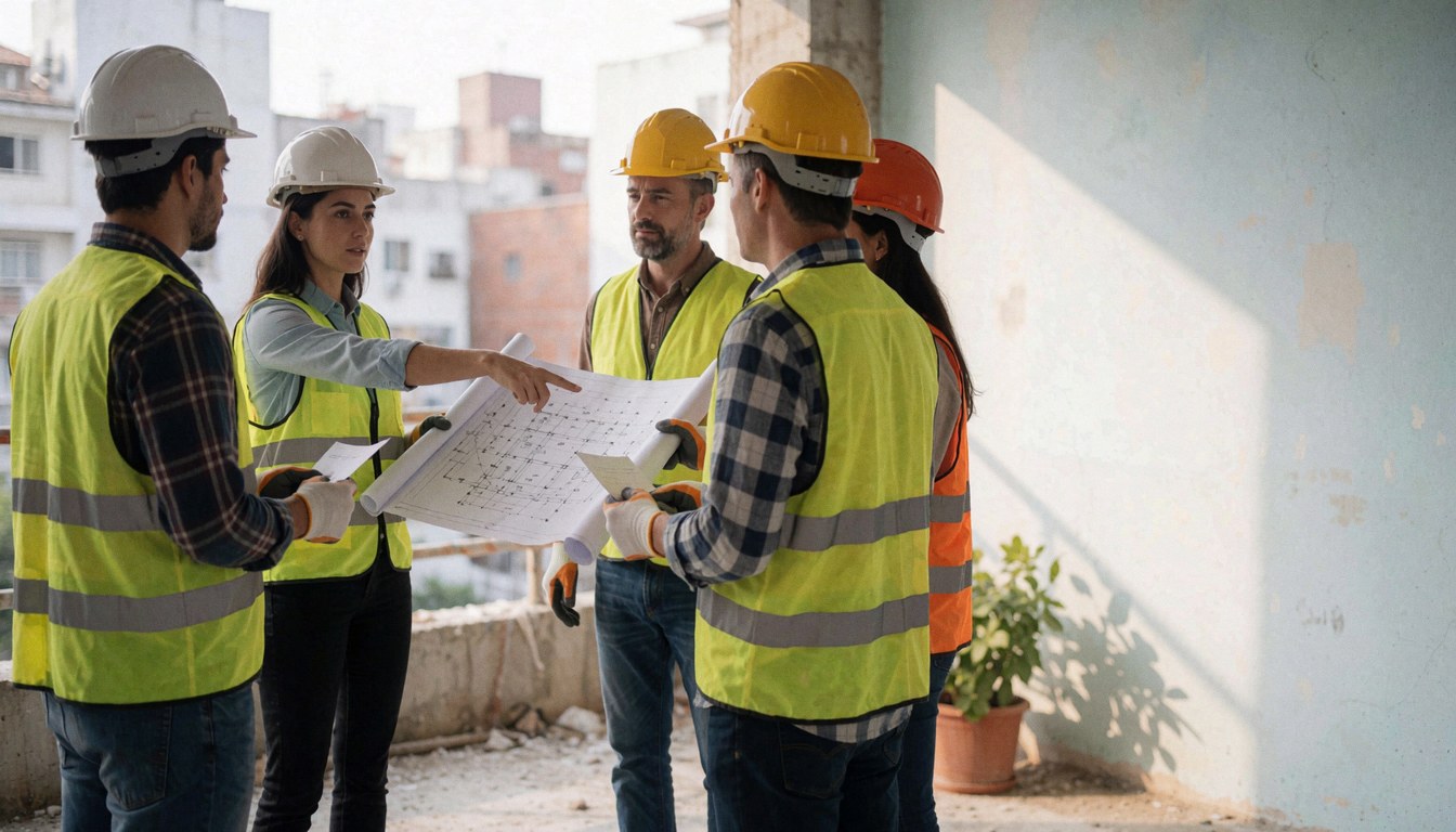 Une architecte en tenue de sécurité examine des plans techniques sur un site de construction urbaine en cours.