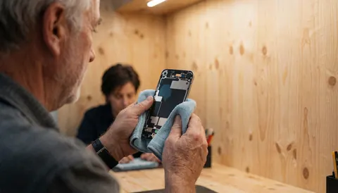 Un technicien nettoie soigneusement l'écran d'un smartphone démonté avec un chiffon dans un atelier aux murs en bois et à la lumière chaude.