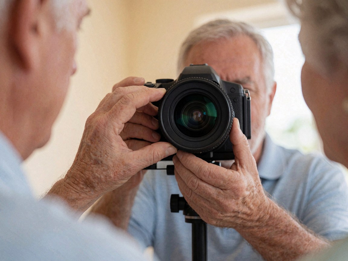 Un photographe professionnel ajuste la bague de mise au point de son appareil photo équipé d'un grand objectif dans un studio.