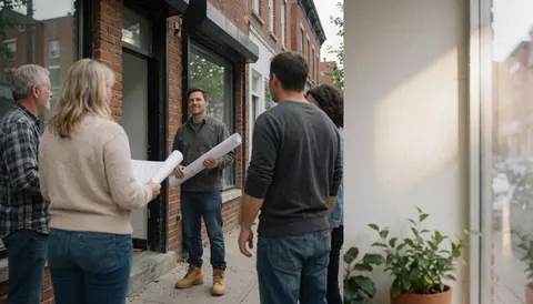Un homme tient des plans devant un immeuble en briques tandis qu'un groupe observe les travaux de construction.