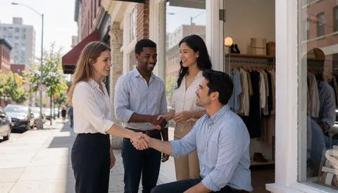 Groupe d'entrepreneurs souriants célébrant l'entrée d'un magasin de vêtements avec des cintres et une vitrine.