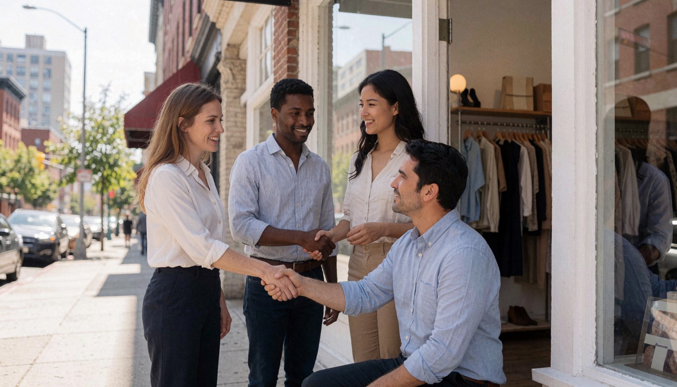 Groupe d'entrepreneurs souriants célébrant l'entrée d'un magasin de vêtements avec des cintres et une vitrine.