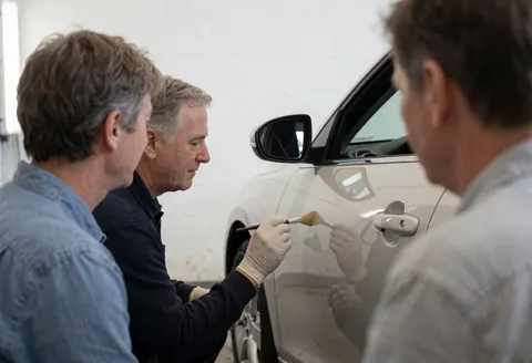 Un technicien en gants applique de la peinture avec un pinceau sur une rayure d'une voiture blanche dans un atelier, trois personnes observent le travail.