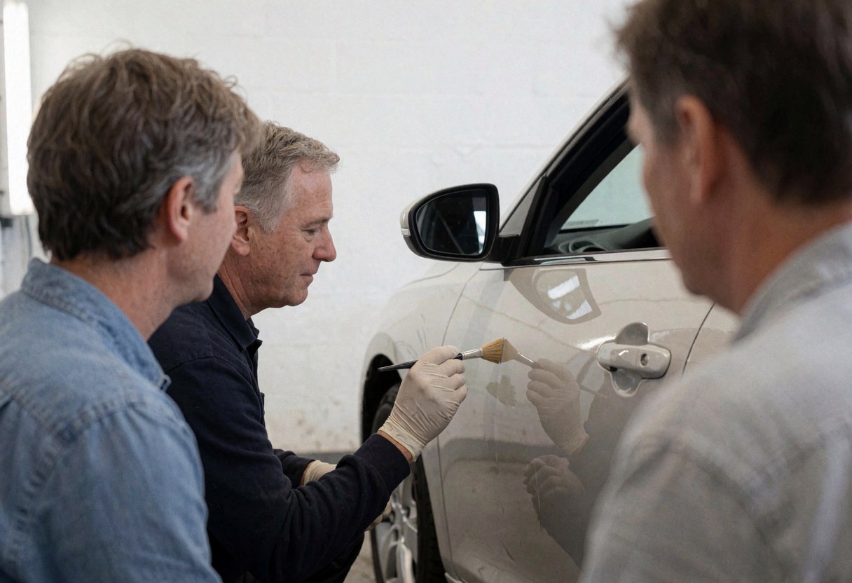 Un technicien en gants applique de la peinture avec un pinceau sur une rayure d'une voiture blanche dans un atelier, trois personnes observent le travail.