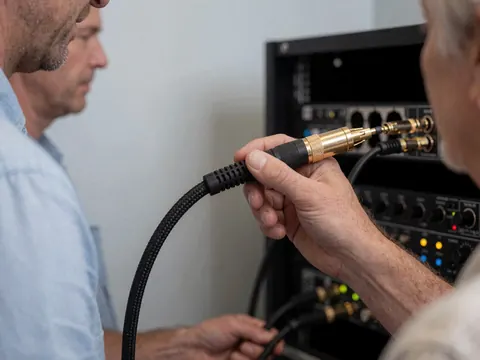 Une main connecte un câble XLR doré à une interface audio montée en rack, avec des LEDs allumées, dans un centre de spectacles.