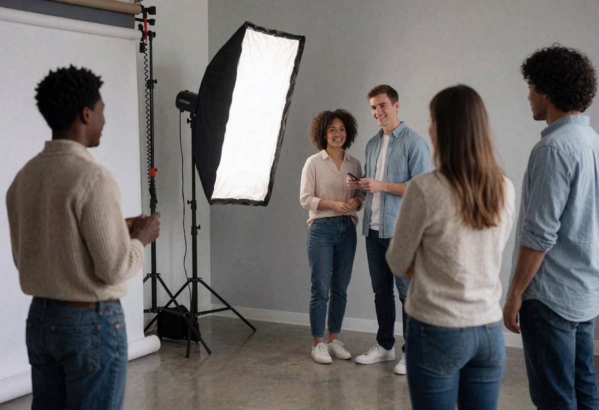 Groupe de personnes dans un studio photo avec softbox et fond blanc, prêtes pour une séance.