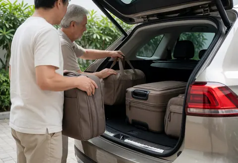 Un chauffeur de VTC charge des valises dans le coffre d'un véhicule utilitaire sport stationné dans un jardin verdoyant.
