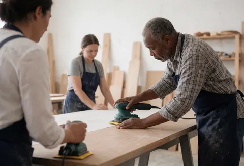 Un homme utilise une ponceuse électrique pour poncer une table en bois dans un atelier de menuiserie, tandis que deux personnes travaillent autour.