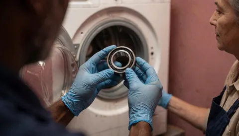 Un technicien portant des gants bleus tient un roulement métallique devant une machine à laver blanche dans un atelier aux murs roses.