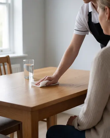 Un agent d'entretien professionnel utilise un chiffon pour nettoyer une table en bois poli devant un client assis, dans un intérieur aux murs gris clair avec un verre d'eau visible.