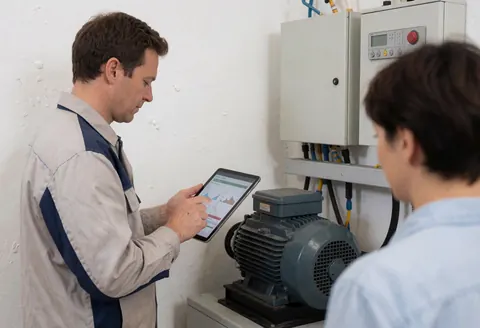 Un technicien examine des informations sur une tablette à côté d'un moteur électrique et d'un panneau de contrôle dans une salle blanche dédiée au service de réparation d'ascenseurs.