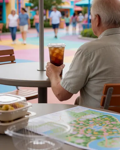 Un client profite d'une boisson fraîche à une table en extérieur au sein du parc, avec une carte visible au premier plan.