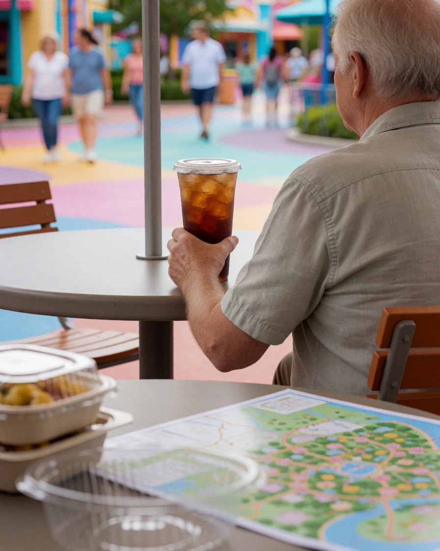 Un client profite d'une boisson fraîche à une table en extérieur au sein du parc, avec une carte visible au premier plan.
