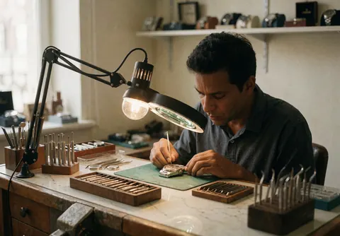 Un horloger travaille avec précision sur un établi, éclairé par une loupe, entouré d'outils et de boîtes à montres dans un atelier.