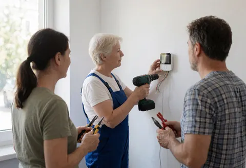 Un technicien en combinaison installe un thermostat moderne sur un mur blanc pendant que deux clients observent avec des outils à la main, éclairé par la lumière naturelle.