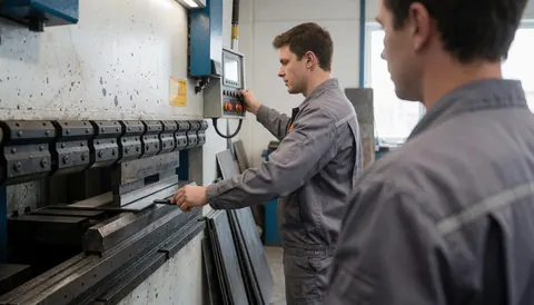 Un ouvrier ajuste une pièce en acier sur une presse hydraulique pendant qu'un collègue observe attentivement dans un atelier industriel.