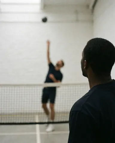 Un joueur de volley-ball effectue un service pendant un match, avec un filet visible et une balle en l'air sur fond de mur blanc.