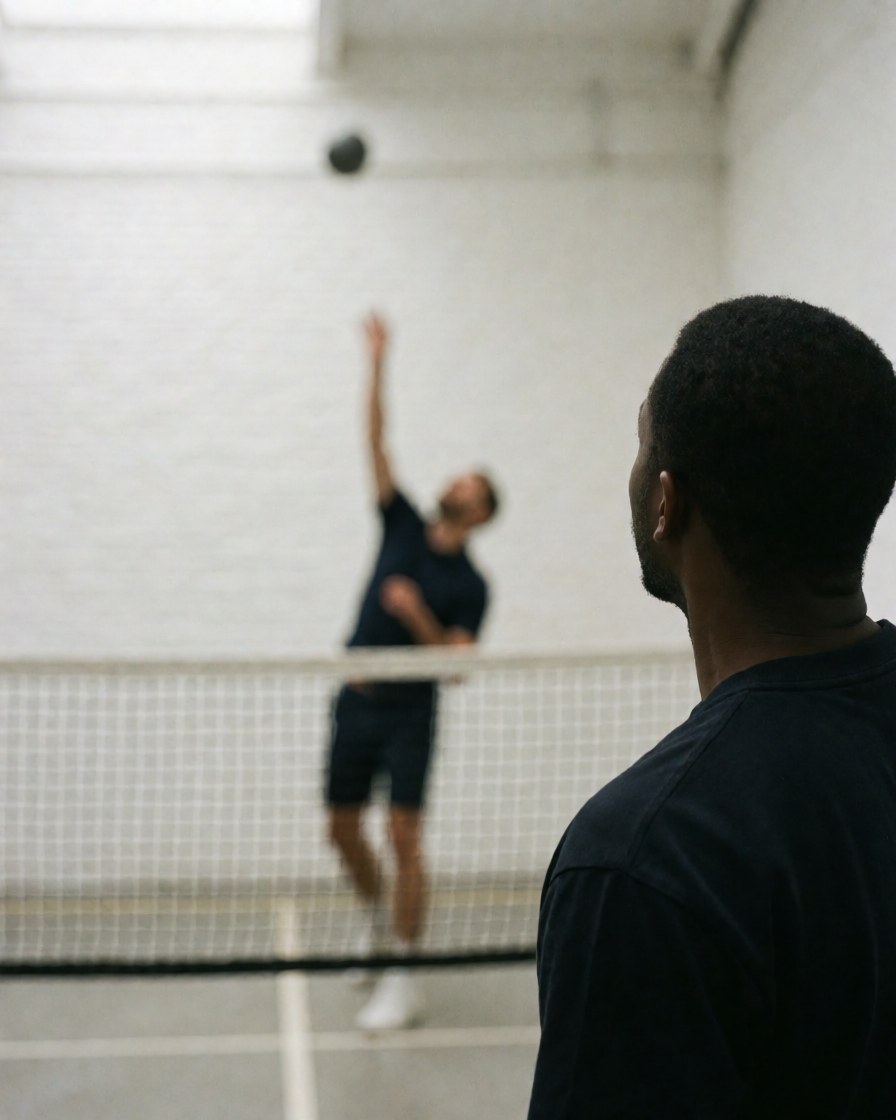 Un joueur de volley-ball effectue un service pendant un match, avec un filet visible et une balle en l'air sur fond de mur blanc.