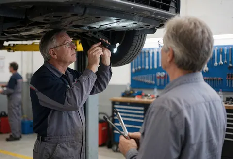 Un mécanicien professionnel examine le dessous d'une voiture en atelier à l'aide d'une lampe de poche, tandis qu'un client observe la prestation de service.