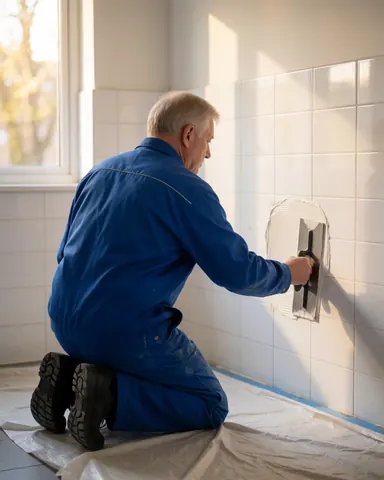 Un carreleur applique de l'adhésif avec une spatule sur un mur de carreaux blancs, éclairé par la lumière naturelle.